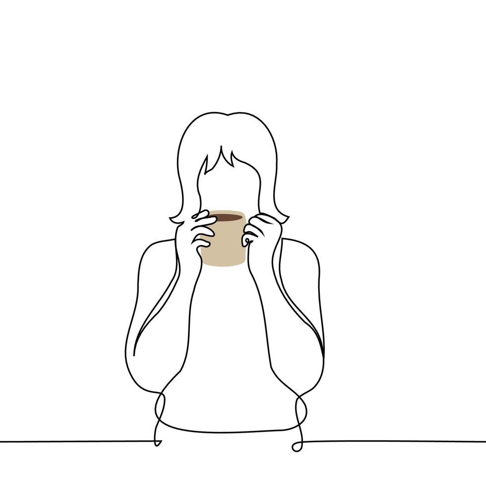 vrouw staat met een mok Bij haar mond Holding met beide handen - een lijn tekening vector. concept drinken koffie, thee, cacao vector