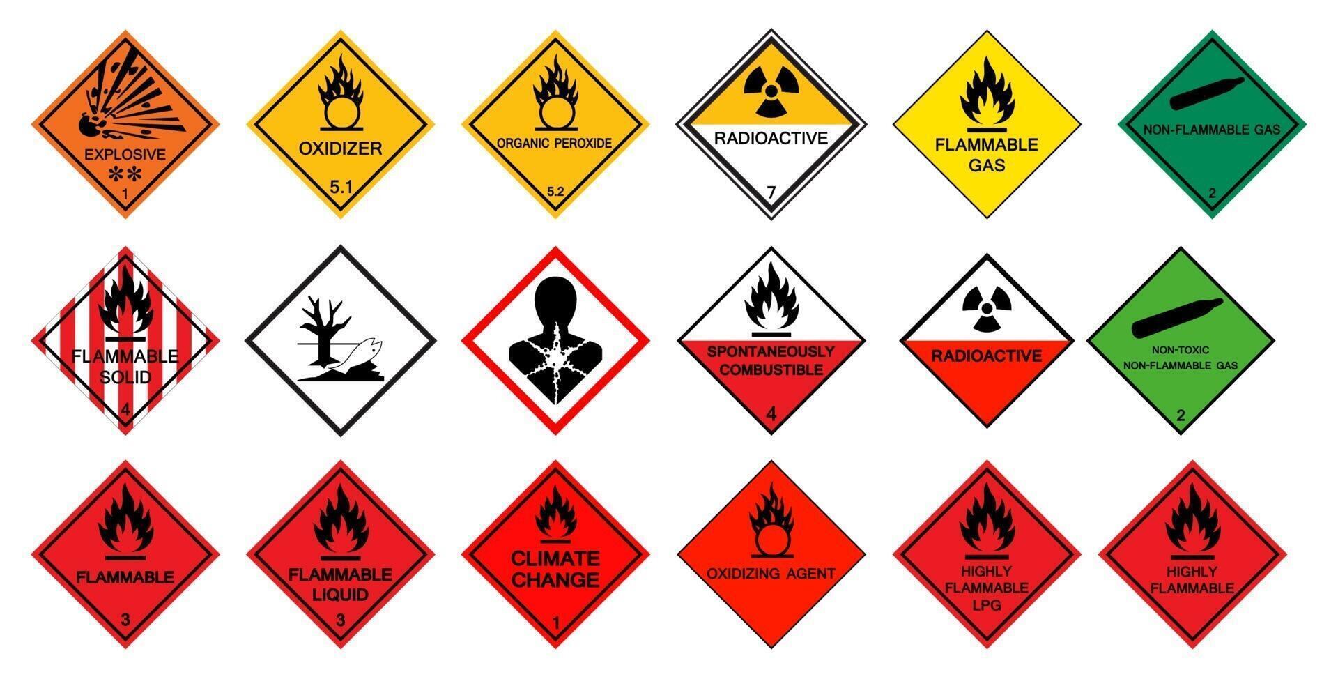 waarschuwing transport gevarenpictogrammen, gevaarlijk chemisch gevarensymbool teken isoleren op witte achtergrond, vector illustratie