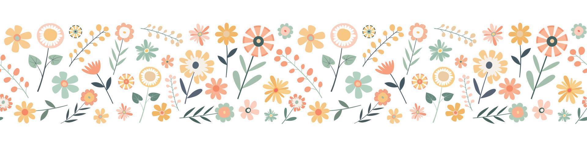 tekenfilm pastel bloemen naadloos grens patroon. geïsoleerd Aan wit achtergrond. kleurrijk tuin bloemen in een rij. ontwerp voor web, etiketten, en banners vector