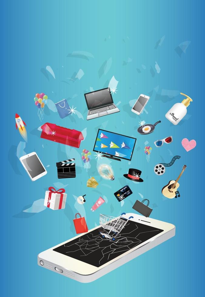 smart device televisie shampoo gitaar geschenkdoos cosmetische buis cmovie film hoed pan papieren zak winkelwagentje zweeft over gebroken scherm smart phone device vector