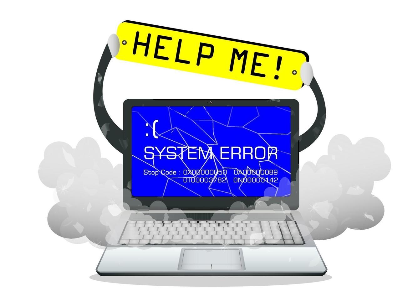 gebroken laptop-foutscherm met help me-banner vector