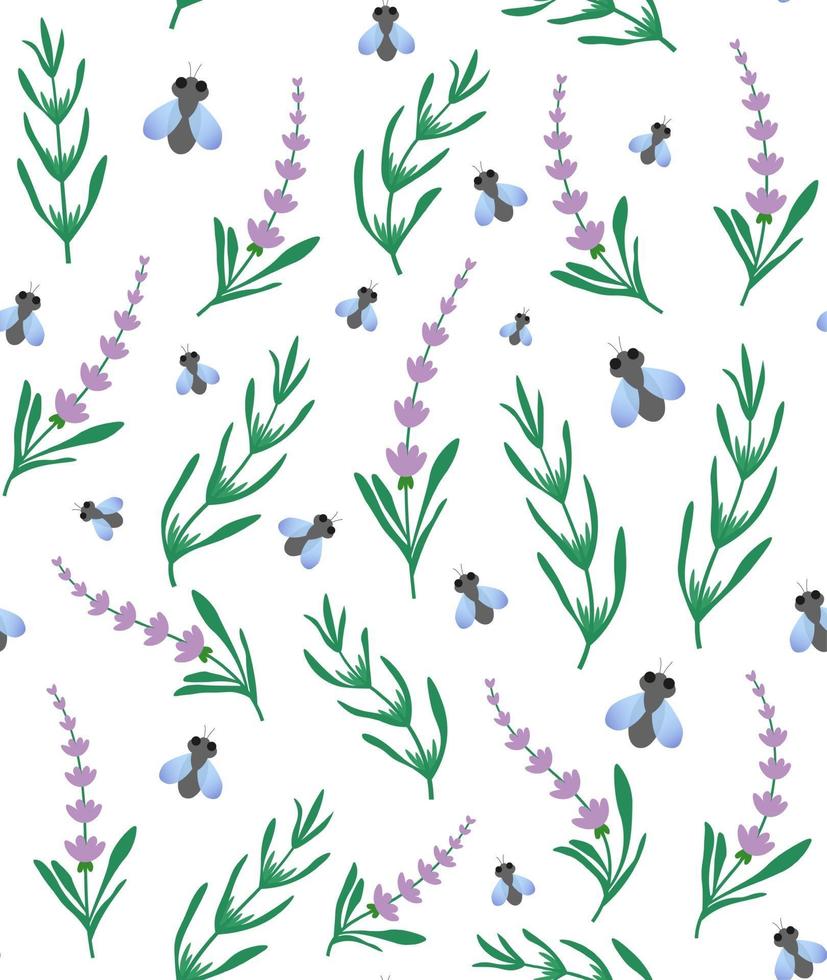 lavendel en vlieg naadloos patroon. bloemen en insecten achtergrond. perfect voor behang, achtergrond, textiel, stof, inpakpapier. vector