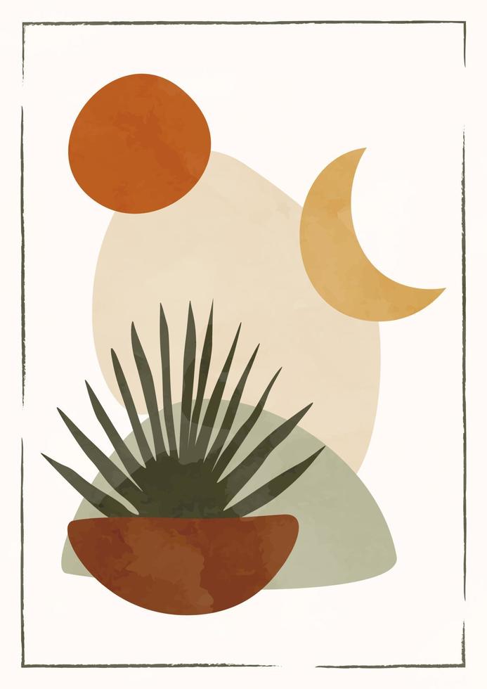 boho poster zon palm en blad. pottenbakkerij en maan. midden eeuw modern minimalistische kunst afdrukken. modern esthetisch boho ontwerp behang, kaart, sjabloon. eps 10. vlak illustratie vector