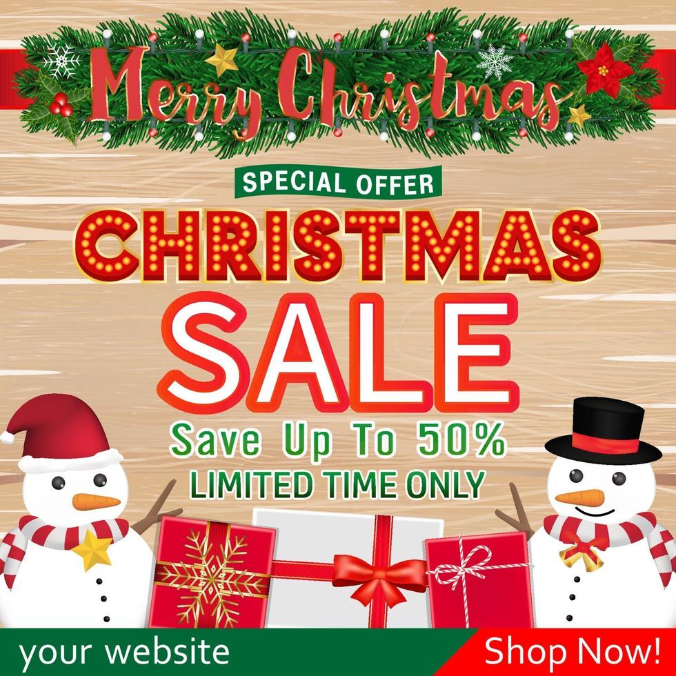kerst verkoop banner ontwerp met sneeuwpop geschenkdoos vector