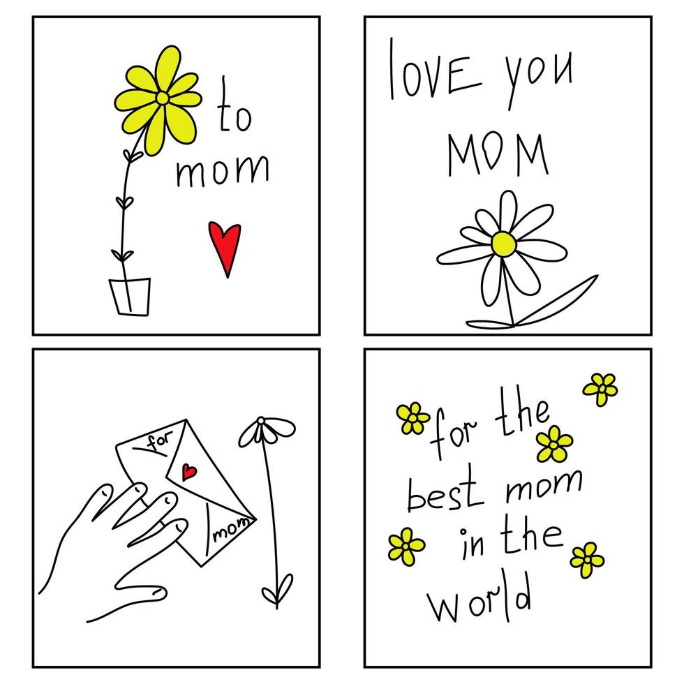 gemakkelijk moeders dag kaarten, Gefeliciteerd voor mam in baby stijl, bloemen en harten Aan kaarten vector