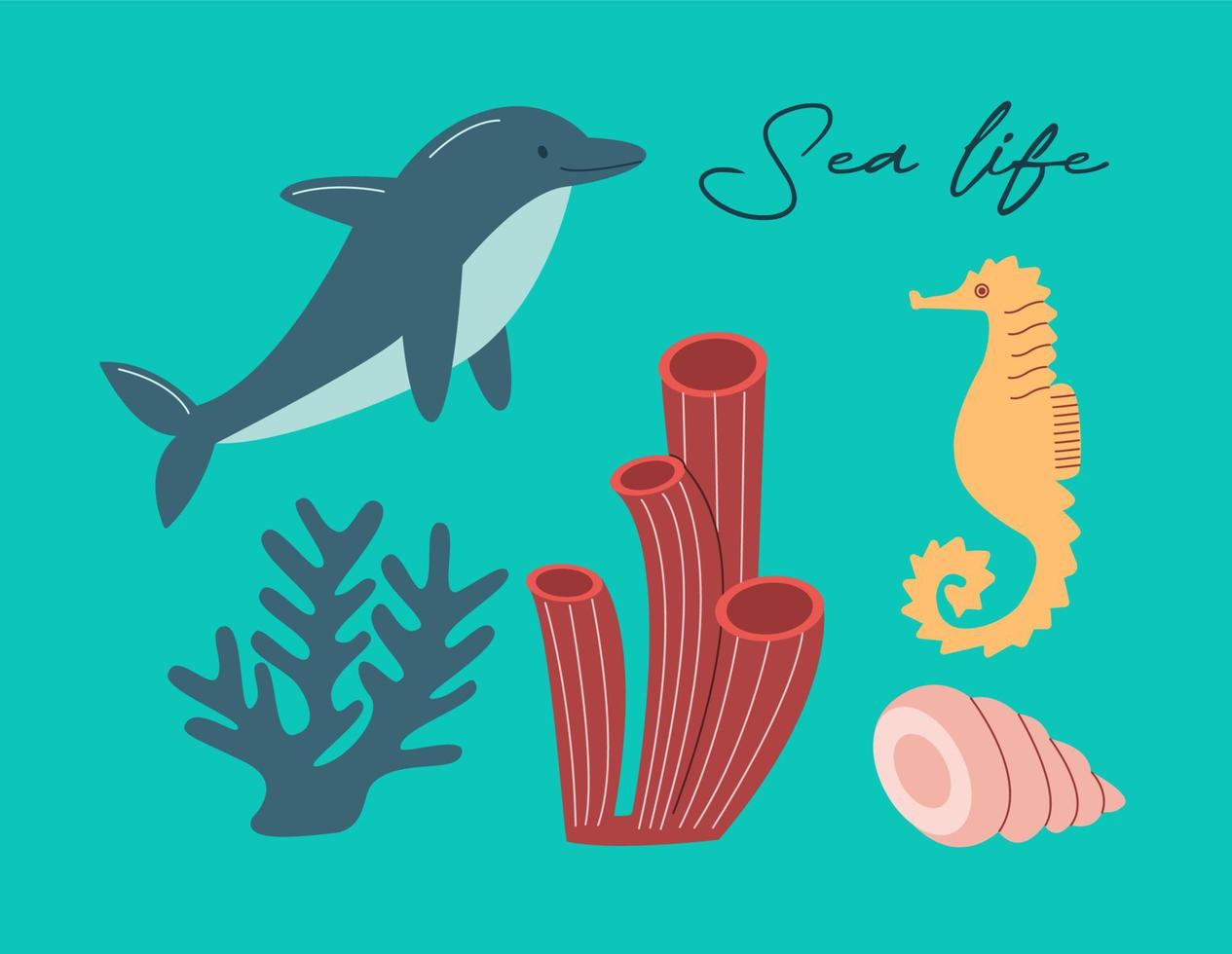 vector zee leven poster met belettering zee leven en schelp, zeewier, zeepaardje, koralen, dolfijn. tekenfilm illustratie.