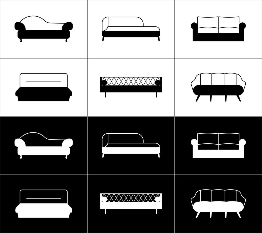 meubilair contour pictogrammen set. modern banken. wit Aan een zwart achtergrond en zwart Aan een wit achtergrond vector