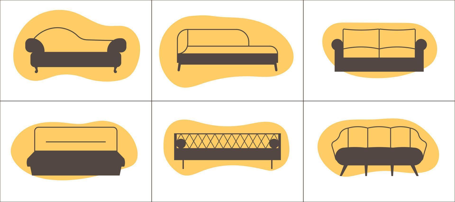 sofa pictogrammen set. zes meubilair schets pictogrammen Aan abstract vormen achtergronden vector