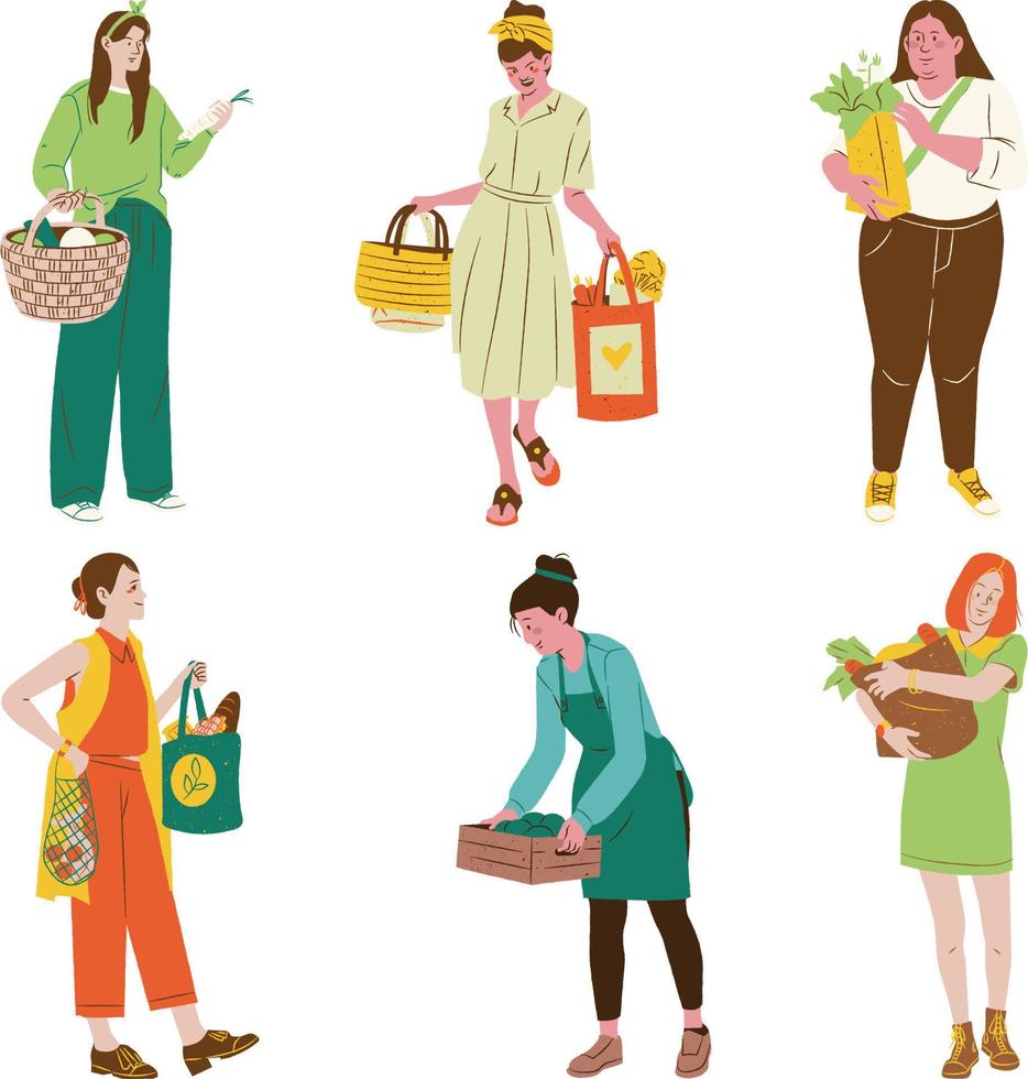 reeks van Dames met boodschappen doen Tassen en manden. vector illustratie in vlak stijl