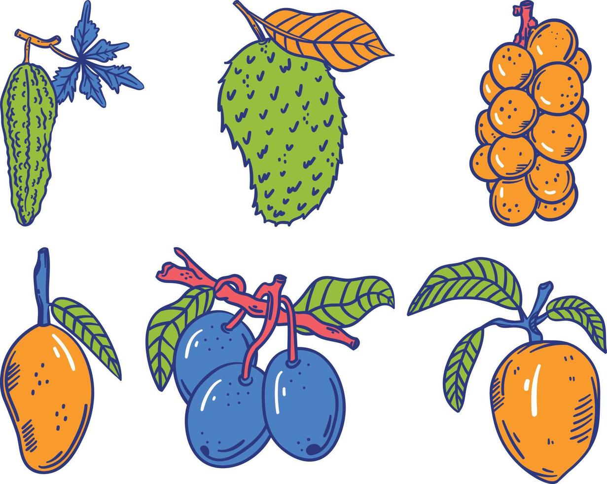 reeks van fruit en groenten. verzameling van hand- getrokken fruit en bessen. vector illustratie in tekening stijl.