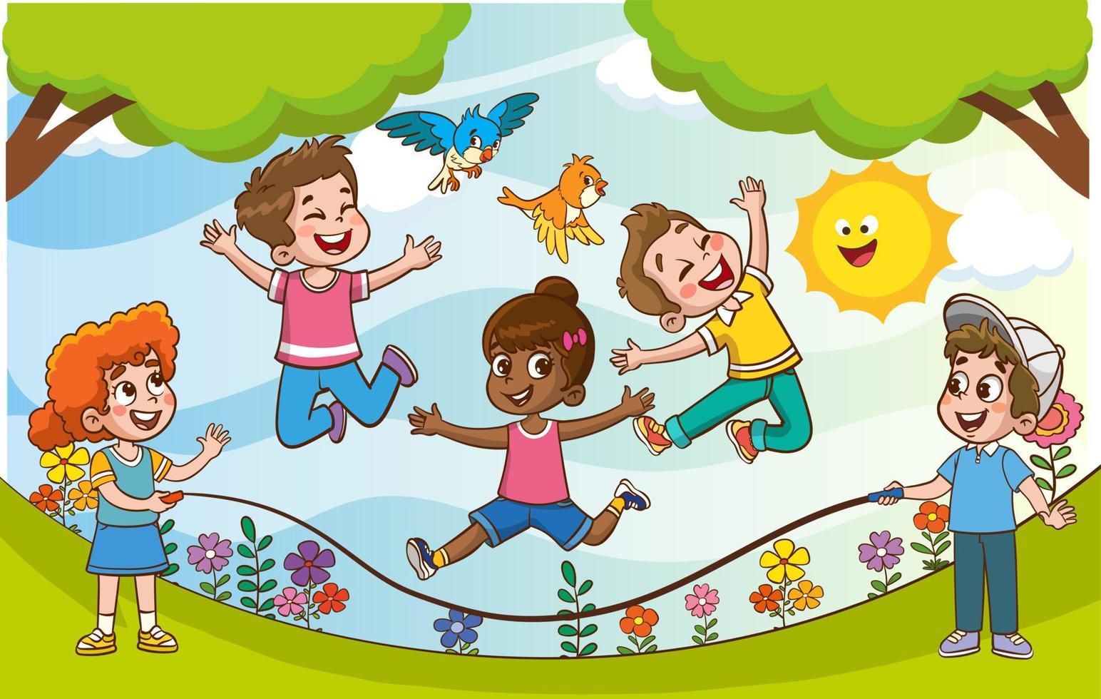 gelukkig weinig kinderen hebben plezier. vector illustratie van schattig kinderen jumping touw
