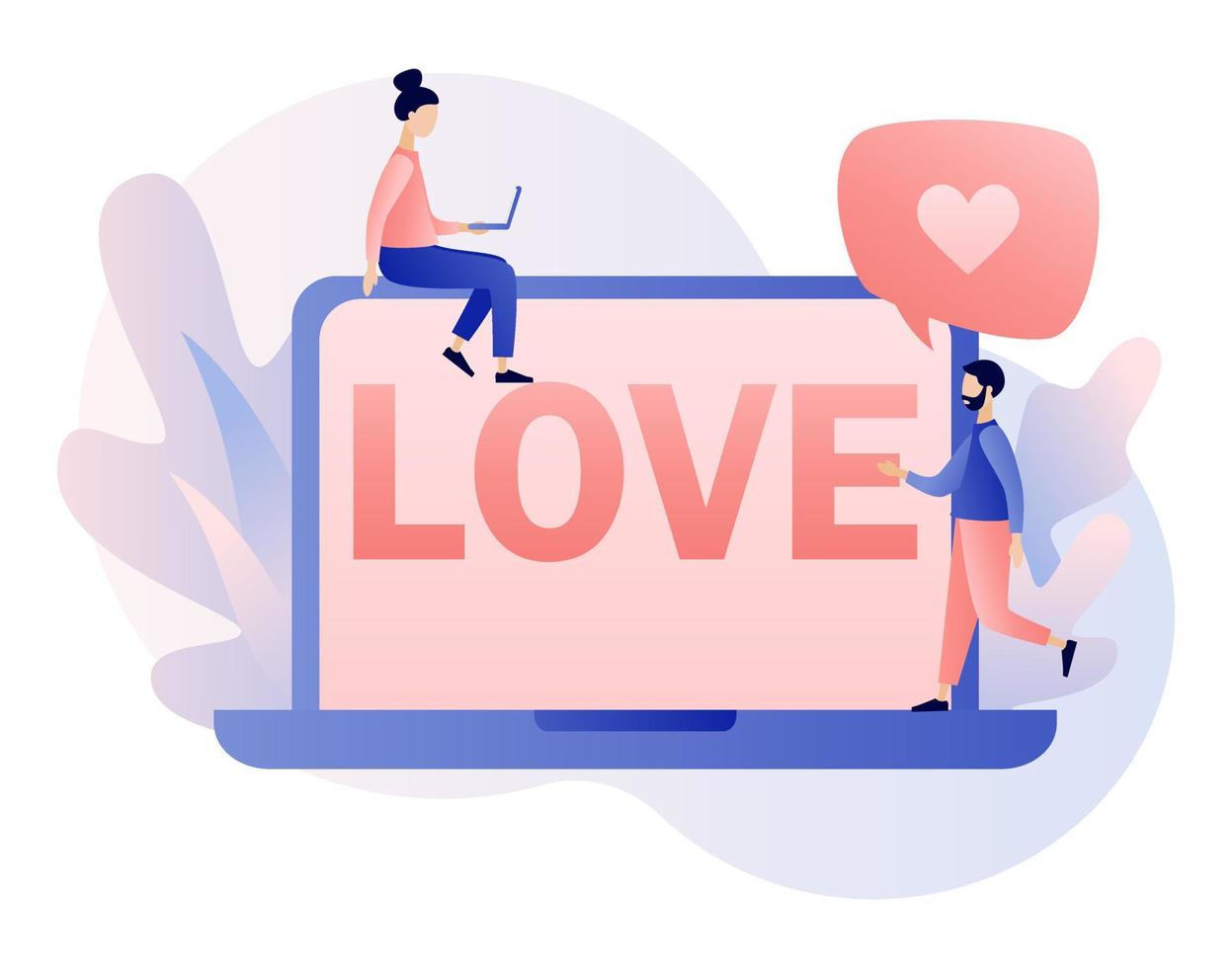 in liefde. klein mensen met hart, en groot liefde inscriptie. Valentijn dag begrip. modern vlak tekenfilm stijl. vector illustratie Aan wit achtergrond