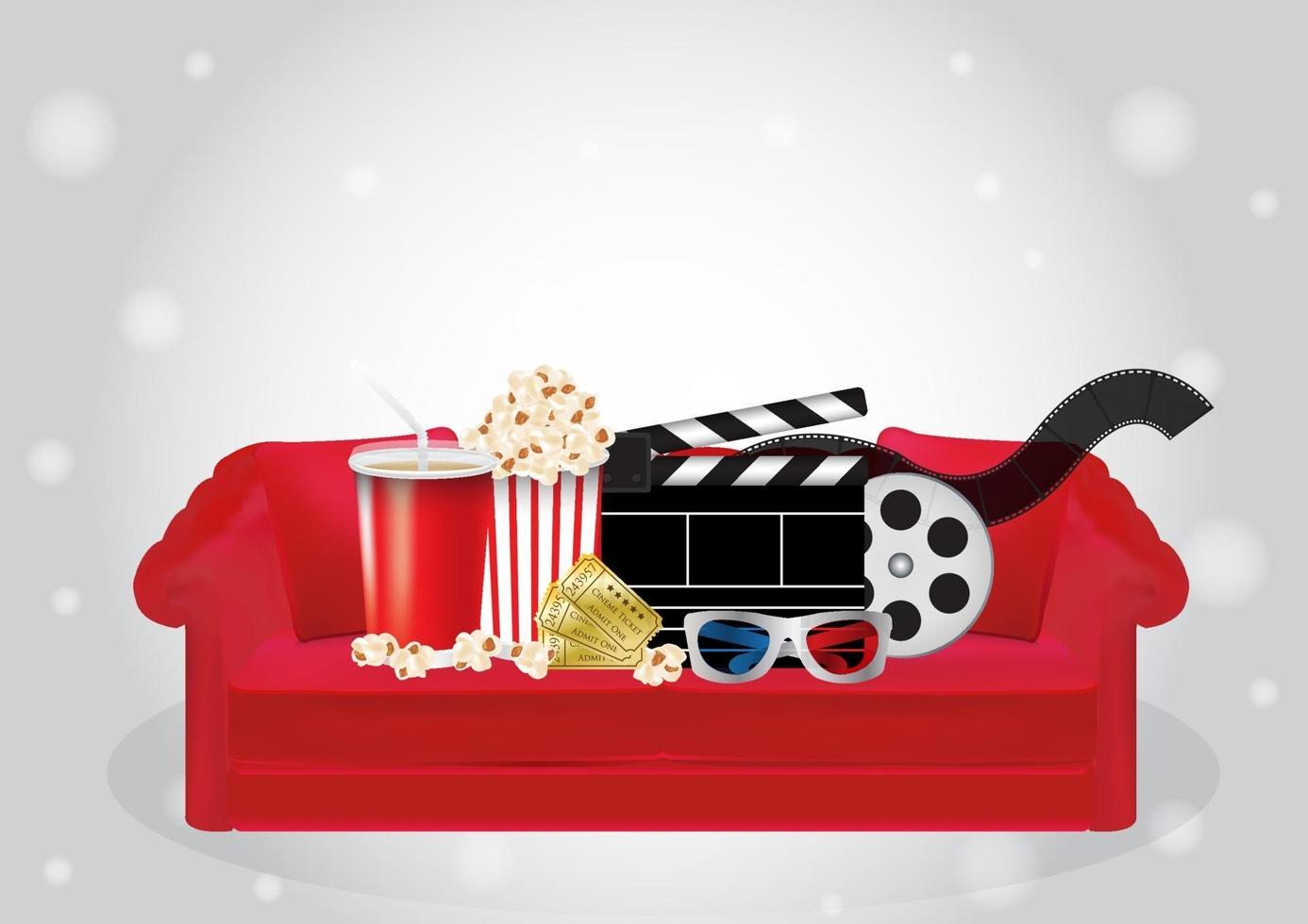 popcorn, drankje, filmfilm, 3D-bril en bioscoopkaartje op een rode bank vector