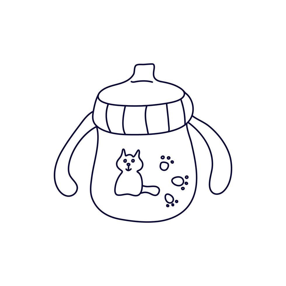 sippy kop met handvatten versierd met een kat in tekening stijl. drinken kop voor peuters. geïsoleerd schets. hand- getrokken vector illustratie in zwart inkt Aan wit. baby zorg en voeden thema.