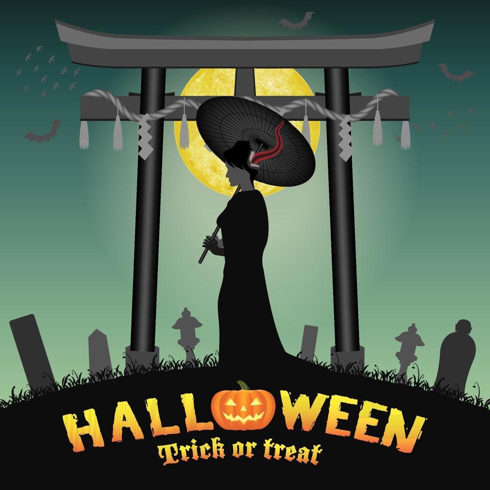 halloween japan twee gezicht geisha geest in kerkhof vector