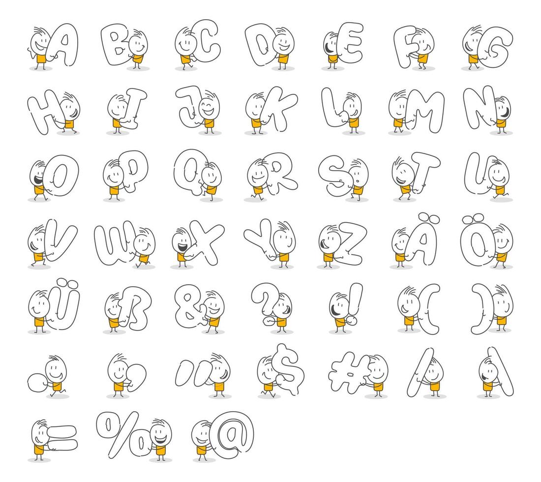 stok figuren. alfabet. hand- getrokken tekening lijn kunst tekenfilm ontwerp karakter. vector