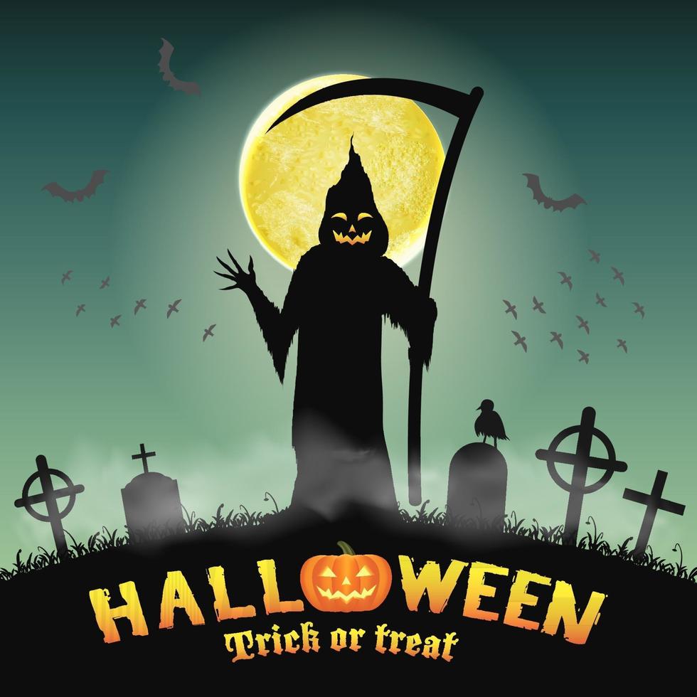 halloween silhouet grim reaper in nacht kerkhof vector