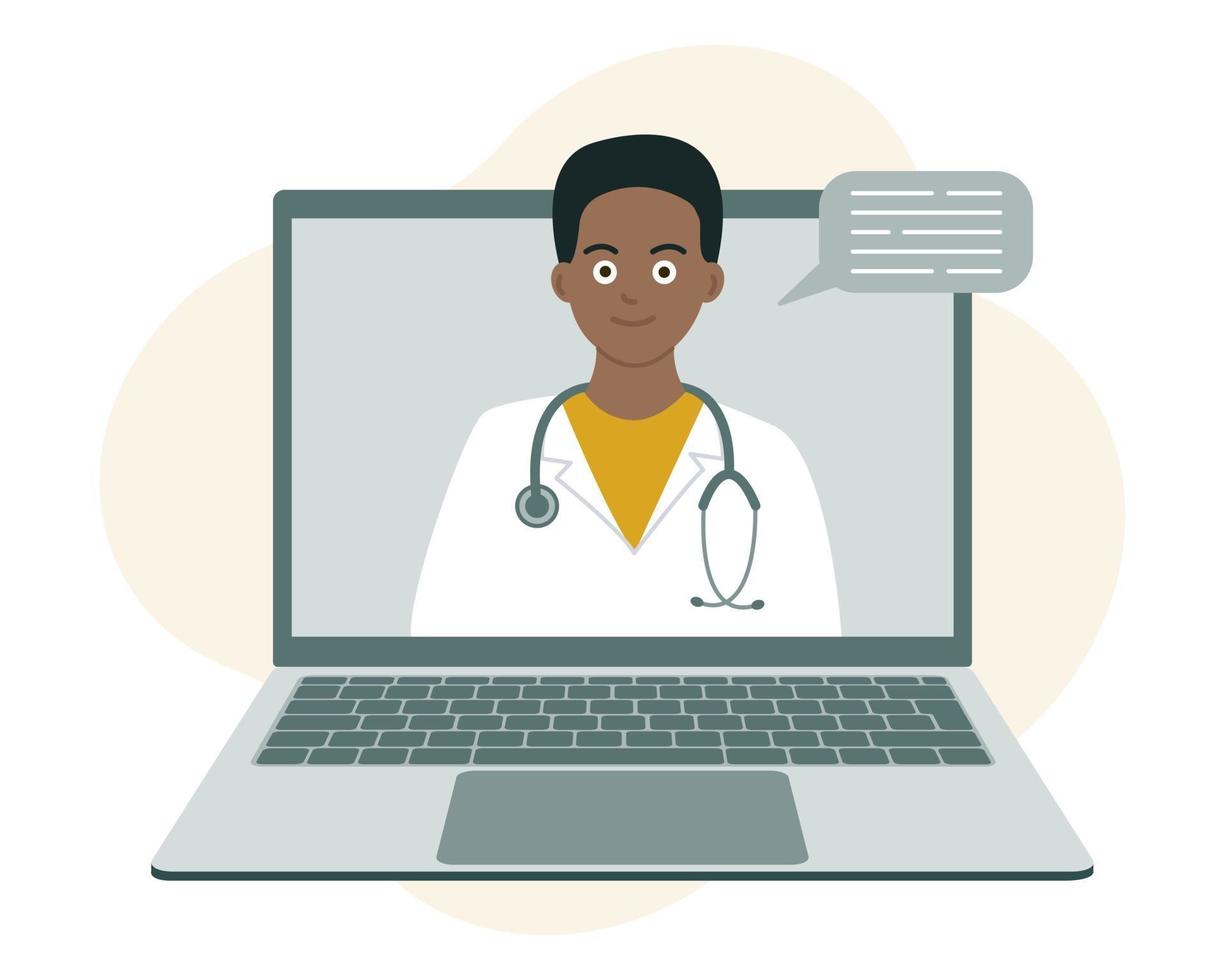 online consult met een arts, medische ondersteuning op afstand, op afstand. een jonge zwarte mannelijke dokter met een stethoscoop op zijn laptopscherm. vector