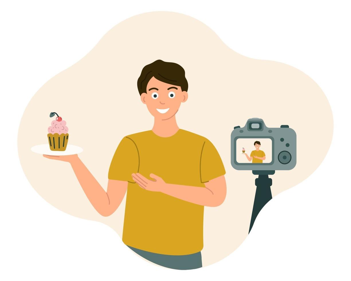 food blogger man lacht en laat eten zien voor de camera tijdens het opnemen van een video, foto vector