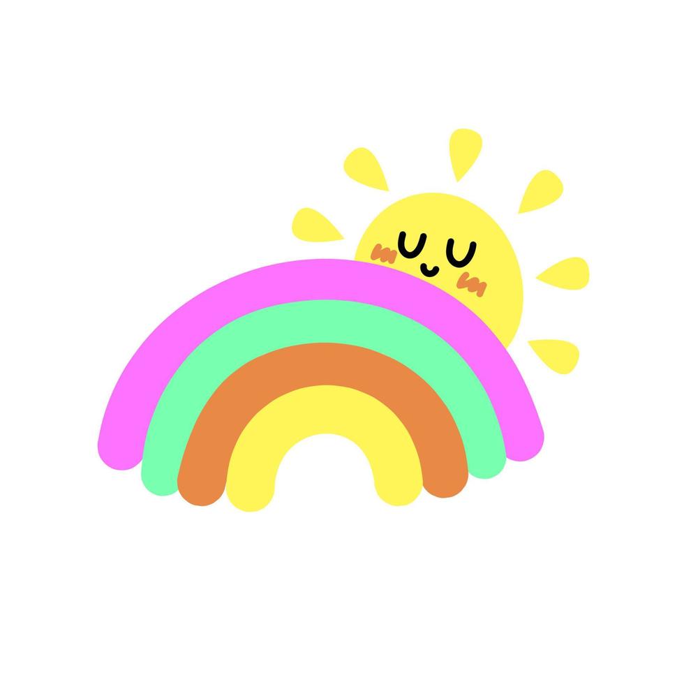 gekleurde regenbogen met wolken en zon. tekenfilm illustratie geïsoleerd Aan wit achtergrond. vector