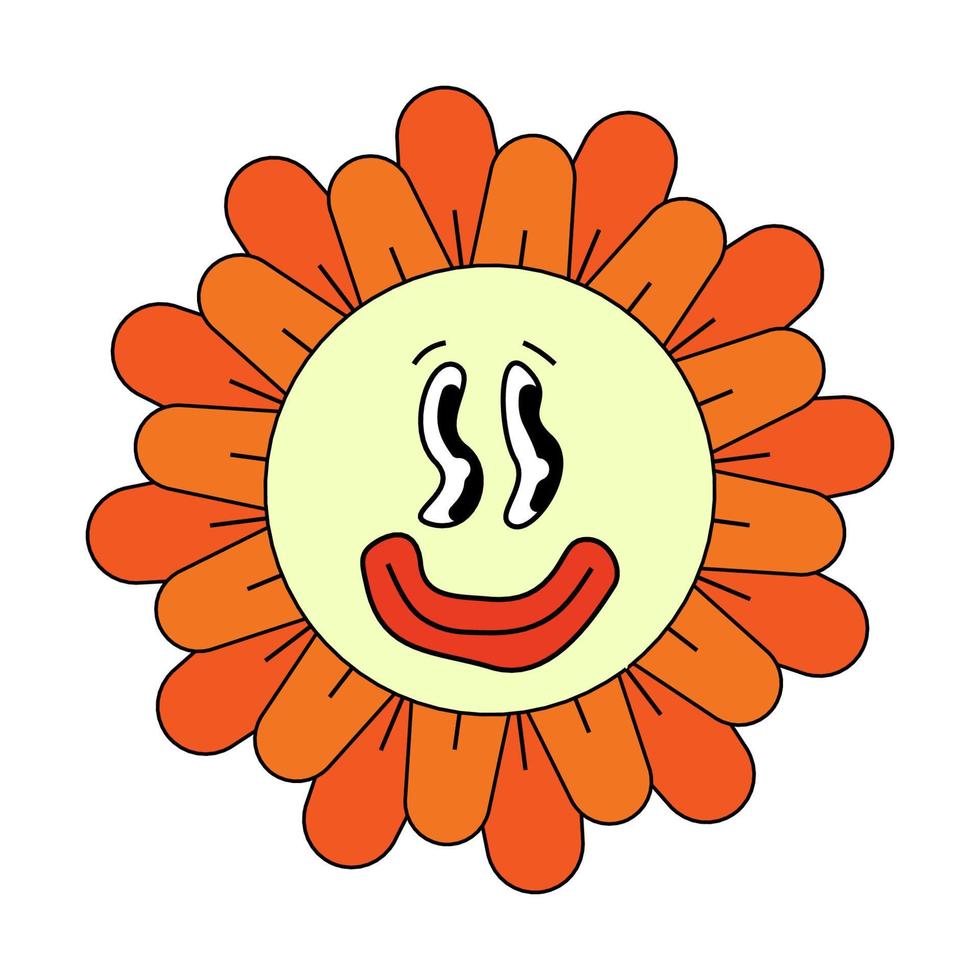 hippie groovy kamille smiley vreemd karakter. retro madeliefje bloem hoofd gek mascotte smelten gezicht. psychedelisch positief nostalgie wijnoogst tekenfilm fabriek. modieus j2j knal cultuur funky bloemen. vector