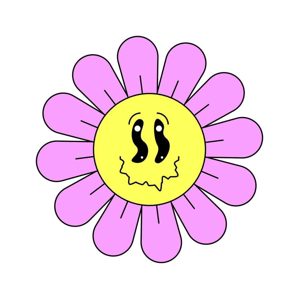 hippie groovy kamille smiley vreemd karakter mooi zo gevoel. retro madeliefje bloem hoofd gek mascotte smelten gezicht. psychedelisch positief nostalgisch wijnoogst tekenfilm fabriek. modieus j2j knal cultuur bloemen. eps vector