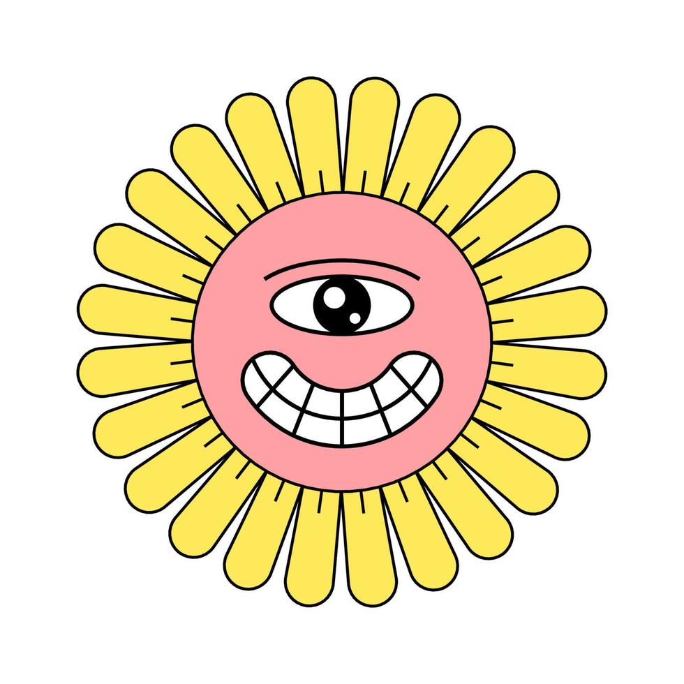 hippie groovy kamille smiley karakter mooi zo gevoel. funky retro madeliefje mascotte. bloem hoofd met groot glimlach Aan gek gezicht. psychedelisch positief wijnoogst tekenfilm stijl fabriek. modieus j2j knal cultuur bloemen vector