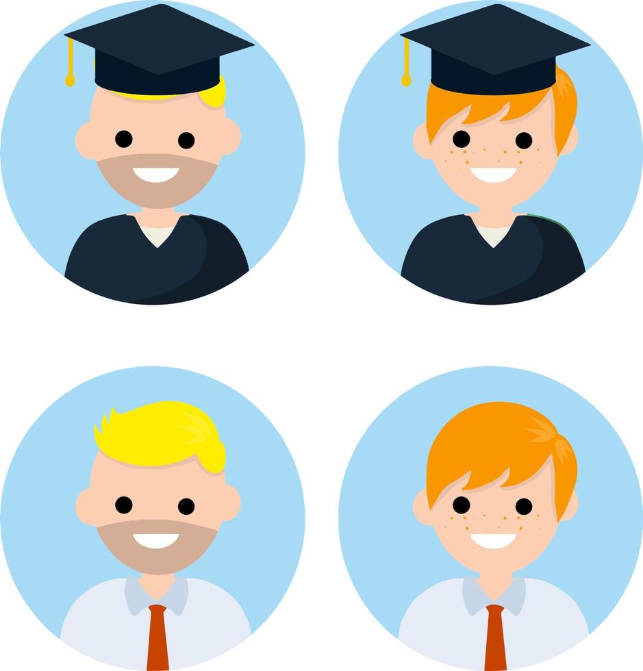 reeks van avatars van Mens in blauw cirkel. pet van afstuderen school- en middelbare school. kantoor arbeider. onderwijs en werk. jong vent in wit overhemd en binden. tekenfilm vlak illustratie vector