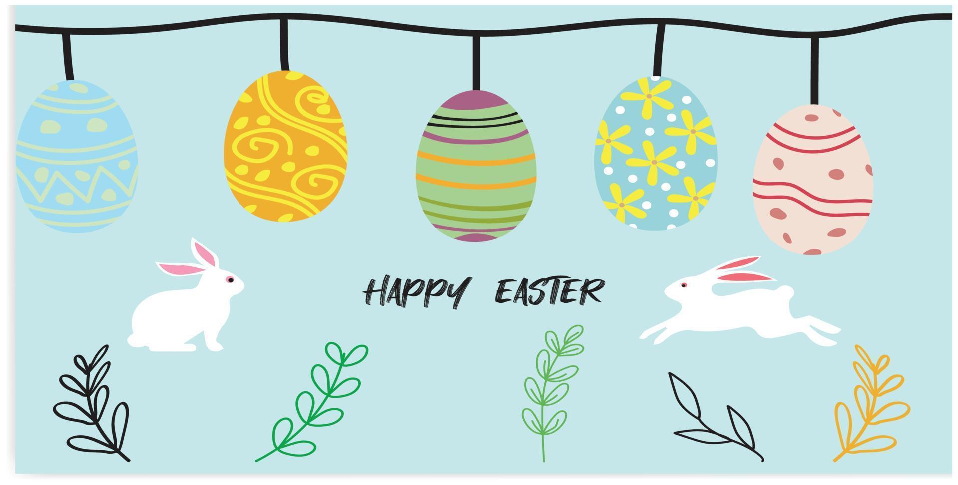 vector illustratie van gelukkig Pasen vakantie met geschilderd ei, konijn oren en bloem Aan glimmend blauw achtergrond. Internationale viering ontwerp met typografie voor groet kaart, partij uitnodiging of