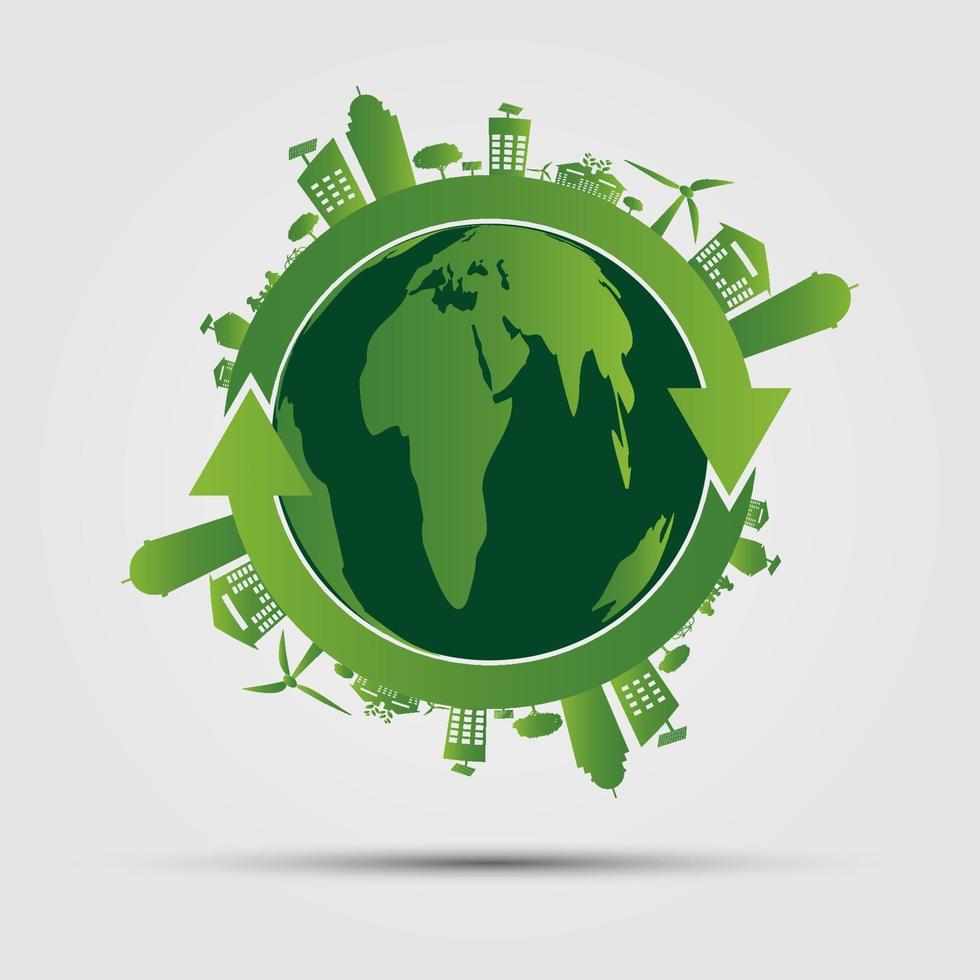 ecologie concept. wereld redden. groene steden helpen de wereld met milieuvriendelijke concepten. vector illustratie