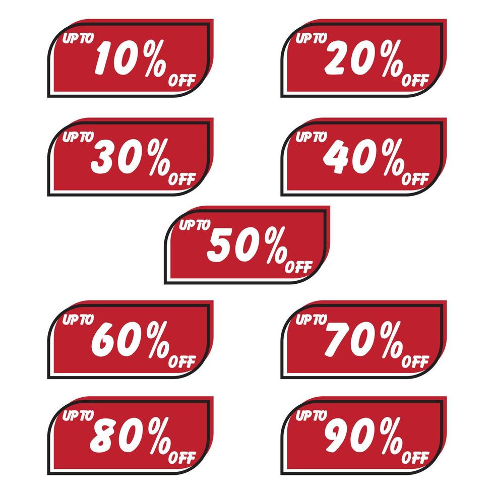 verschillend procent korting sticker korting prijs label set. rood ronde toespraak bubbel vorm promoten kopen nu met verkopen uit omhoog naar 20, 30, 40, 50, 60, 70, 80 percentage vector illustratie geïsoleerd Aan wit