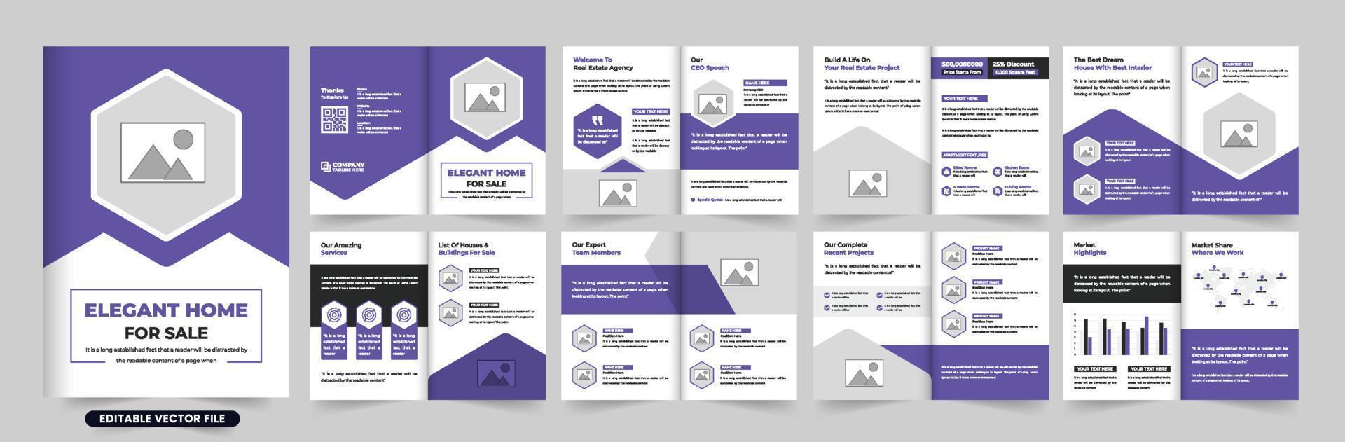 modern echt landgoed portefeuille tijdschrift sjabloon vector met foto tijdelijke aanduidingen. huis verkoop bedrijf boekje lay-out ontwerp met Purper en donker kleuren. huis uitverkoop brochure vector voor marketing.