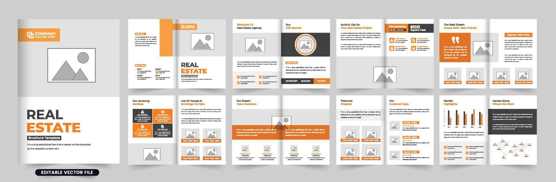 echt landgoed huis verkoop bedrijf brochure sjabloon ontwerp met oranje en donker kleuren. huis uitverkoop boekje vector met foto tijdelijke aanduidingen. modern huis verkoop bedrijf tijdschrift lay-out vector.