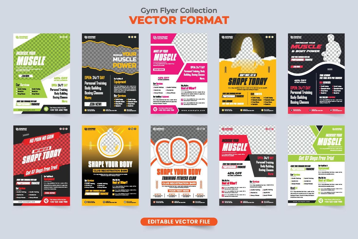 Sportschool folder sjabloon verzameling met foto tijdelijke aanduidingen. modern Sportschool beheer bedrijf promotionele poster en folder bundel. geschiktheid en bodybuilding centrum advertentie folder lay-out reeks vector. vector