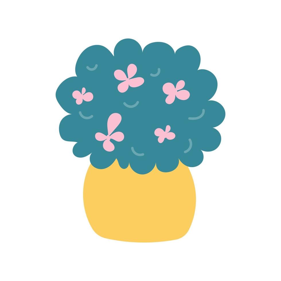 een plant met roze bloemen in een gele pot op een witte achtergrond. vectorillustratie in vlakke stijl vector