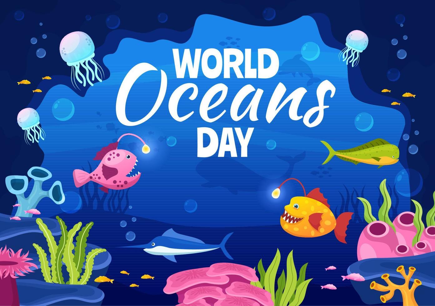 wereld oceanen dag illustratie naar helpen beschermen en behouden oceaan, vis, ecosysteem of zee planten in vlak tekenfilm hand- getrokken voor landen bladzijde Sjablonen vector