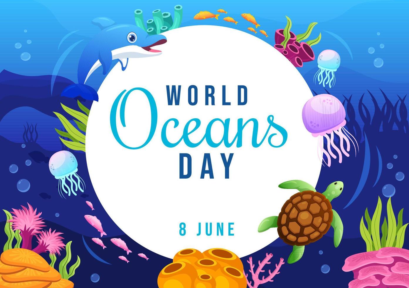 wereld oceanen dag illustratie naar helpen beschermen en behouden oceaan, vis, ecosysteem of zee planten in vlak tekenfilm hand- getrokken voor landen bladzijde Sjablonen vector