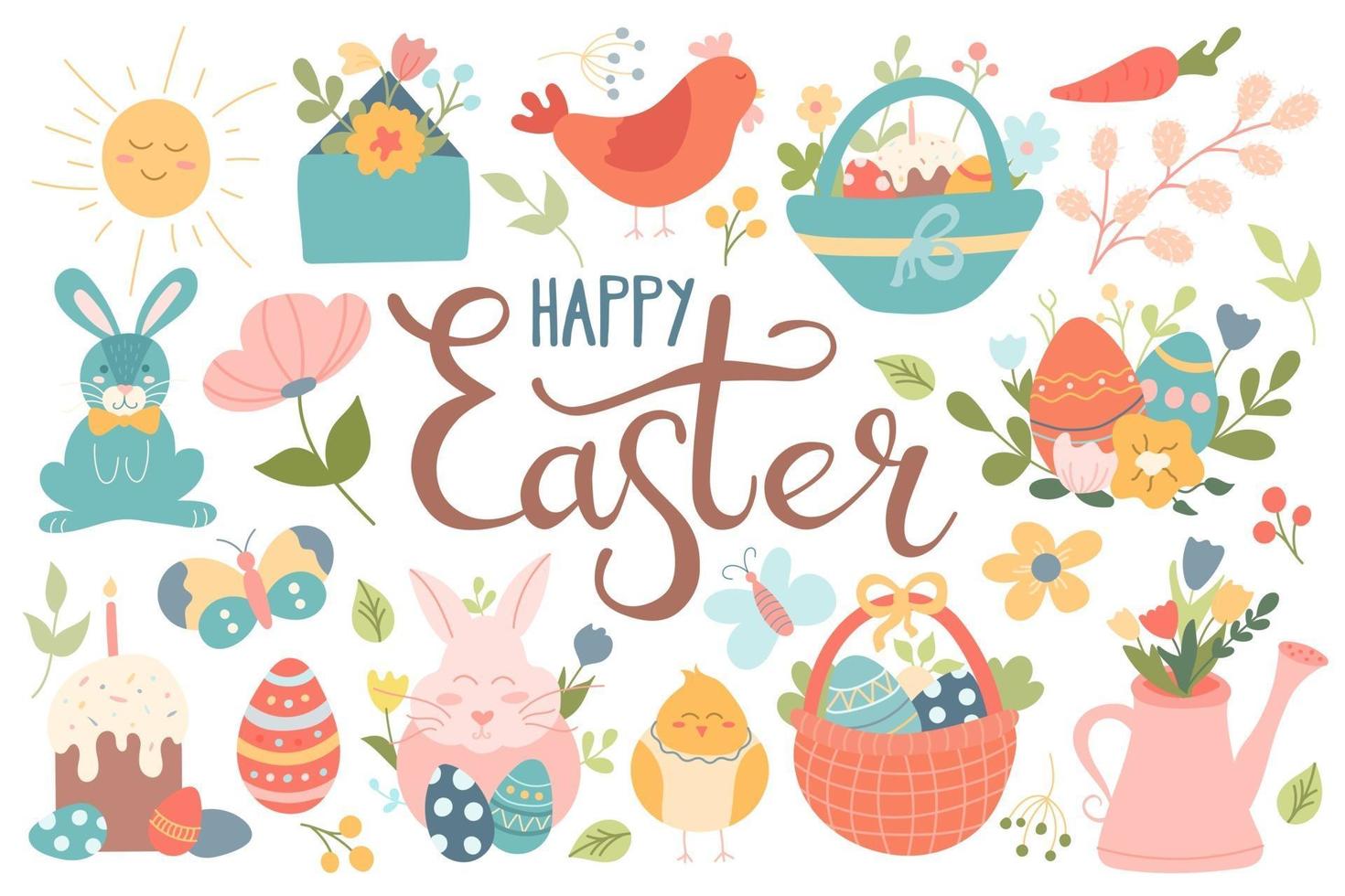 een groot aantal ontwerpelementen van Pasen. cake, eieren, bloemen, konijn, kip, manden. lentefestival. vector