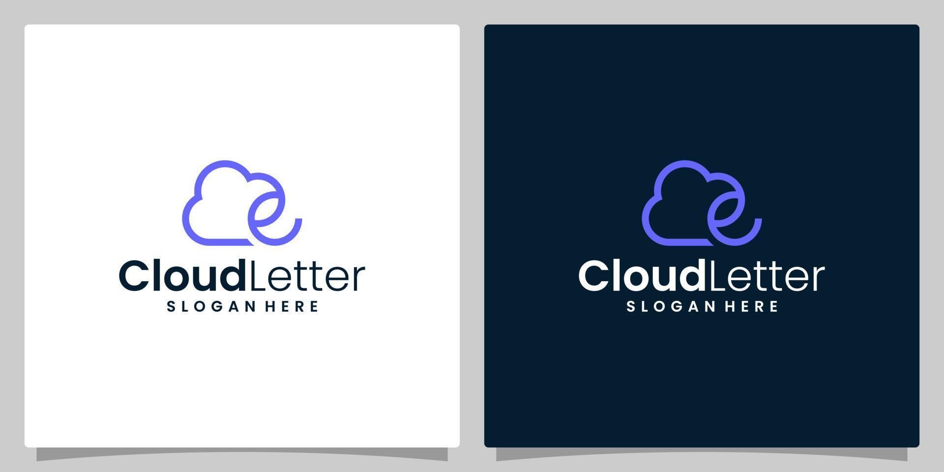 wolk vector logo ontwerp met eerste brief e. wolk berekenen sjabloon. creatief. globaal internetten. uploaden. gegevens overdracht. downloaden website. technologie icoon. netwerk symbool.