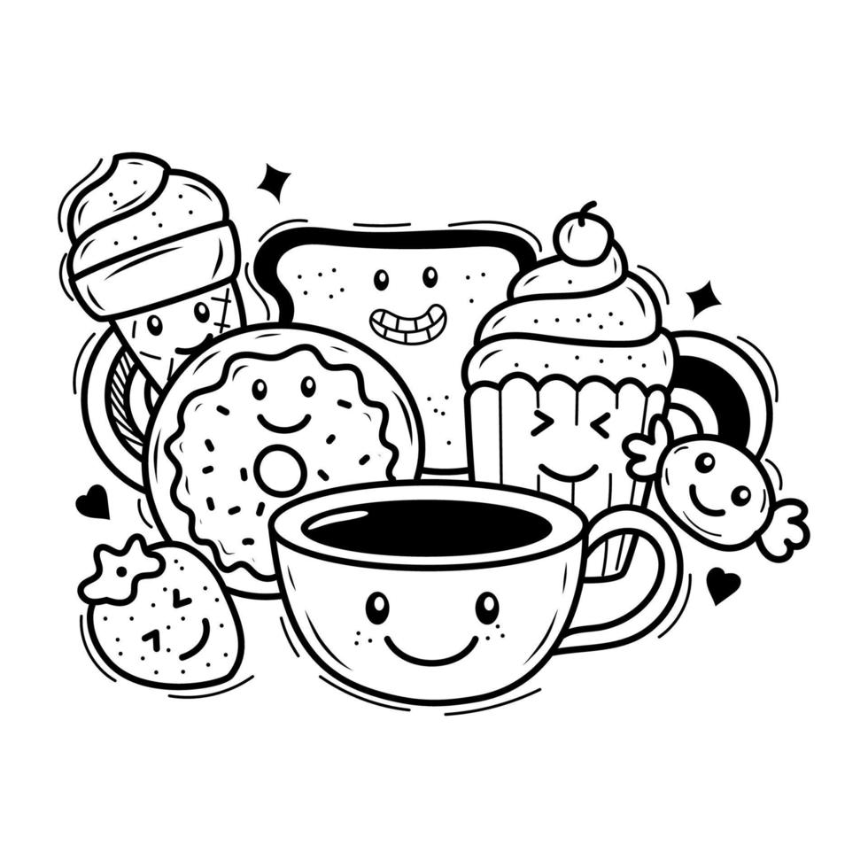 zoet voedingsmiddelen tekening kunst vector met een zwart en wit ontwerp. schattig tekening karakter vector illustratie