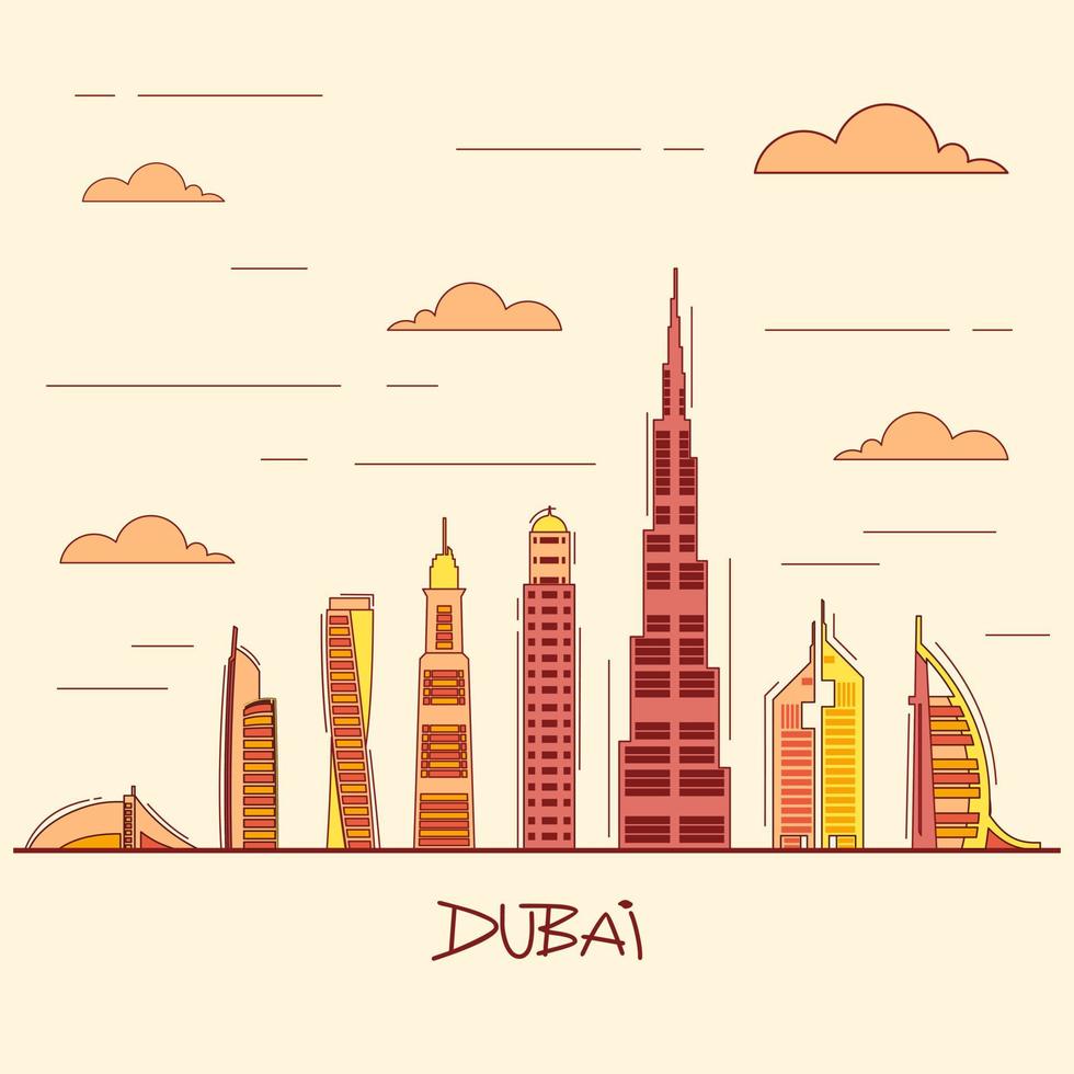 Dubai stadsgezicht met wolkenkrabbers en oriëntatiepunten vector illustratie