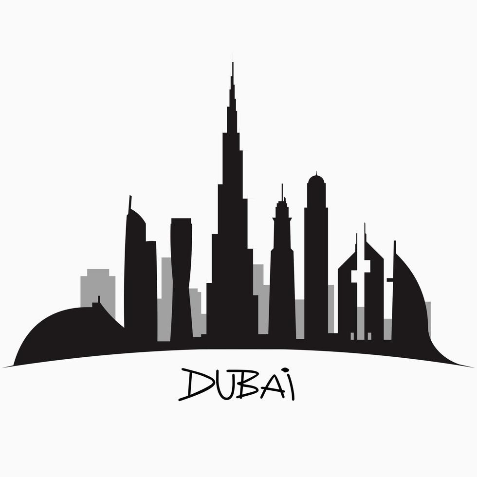 vector illustratie van de stad van Dubai in de Verenigde Arabisch emiraten, de symbolen van de stad wolkenkrabbers hotels, elegant grafiek.