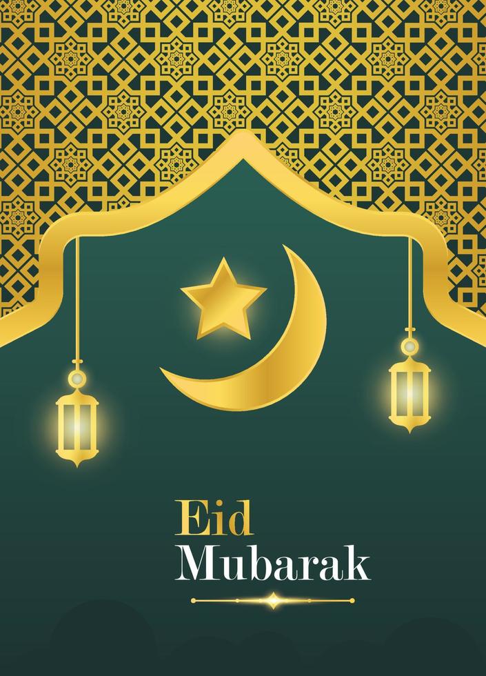 gouden eid mubarak banier en poster sjabloon met verlichte lantaarns Islamitisch ornament ster en halve maan maan vector