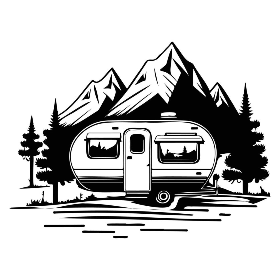 camper kamp camping plaats met bergen en boom, camping in de bossen, camping met aanhangwagen landschap in retro stijl, SVG het dossier. vector