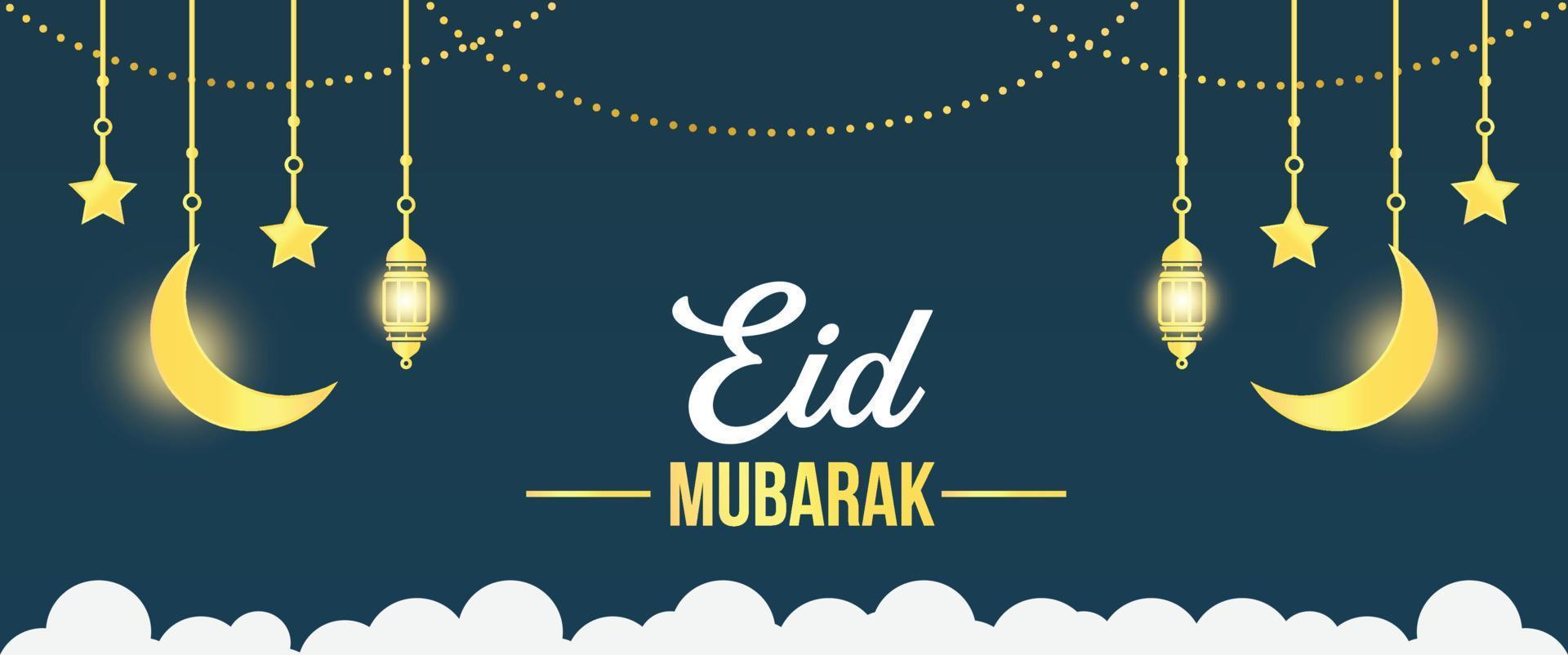 eid mubarak banier en poster sjabloon met verlichte lantaarns Islamitisch ornament ster en halve maan maan vector