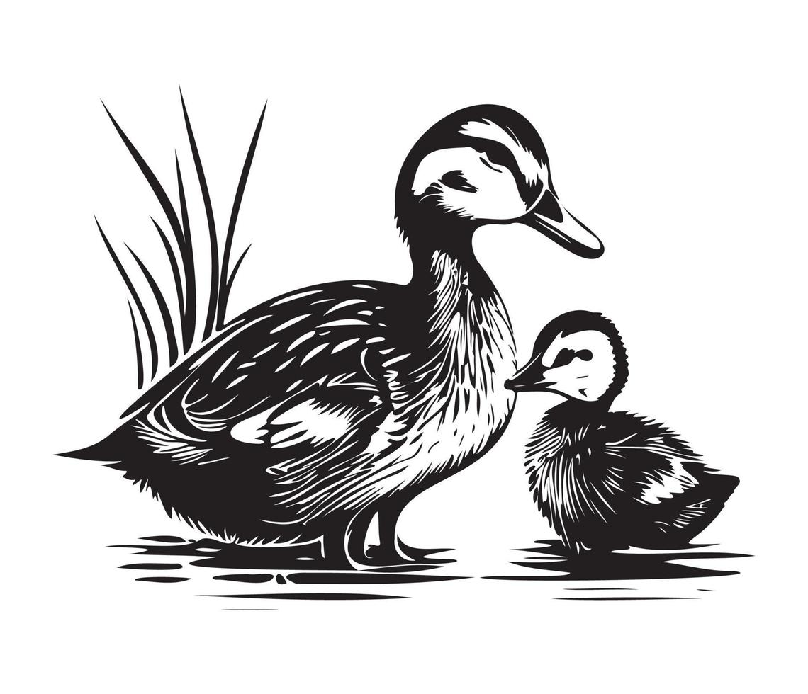 eend met eendje, mam en baby eend, eend zwemmen in de meer illustratie vector