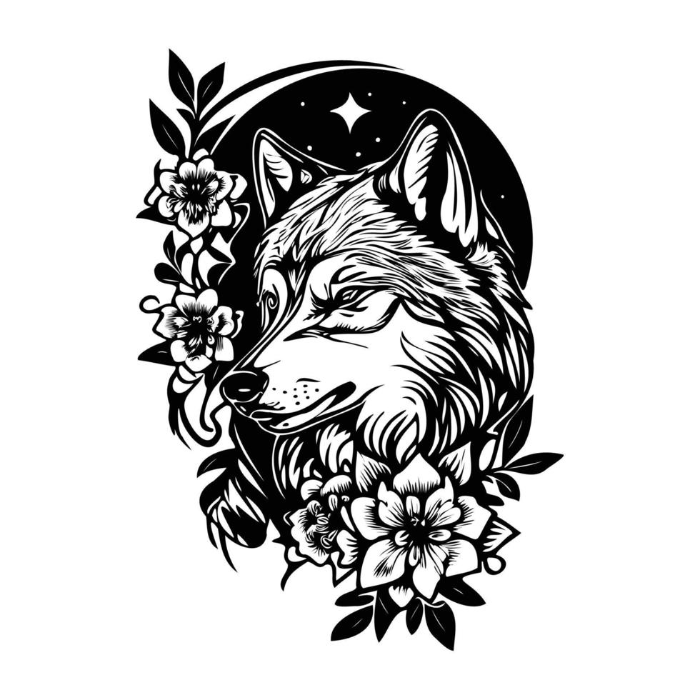 wolf met bloemen, wolf hoofd, wolf bloem tatoeëren vector