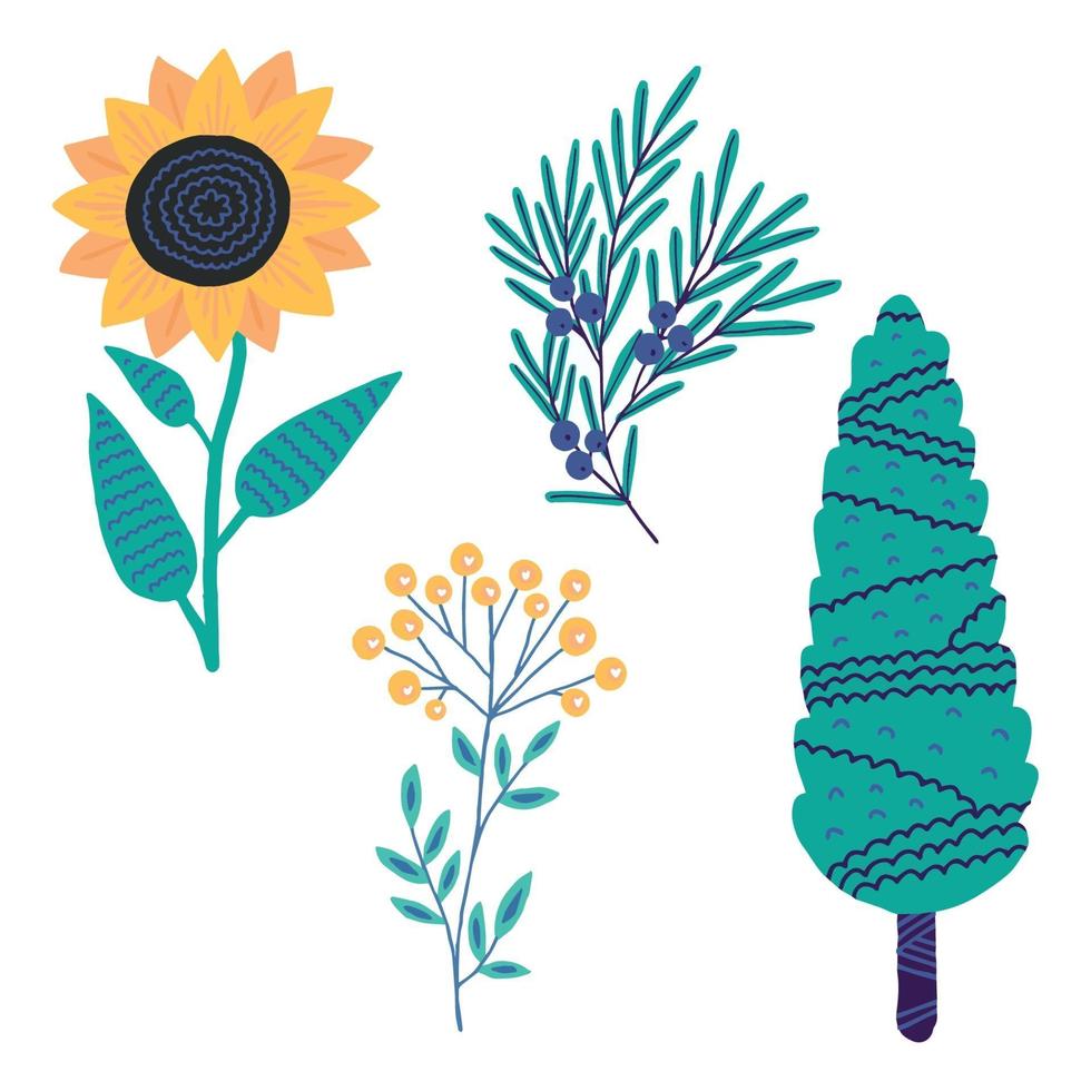 vector illustratie. schattige plant. cipres, jeneverbes, zonnebloem, boerenwormkruid geïsoleerd op een witte achtergrond.