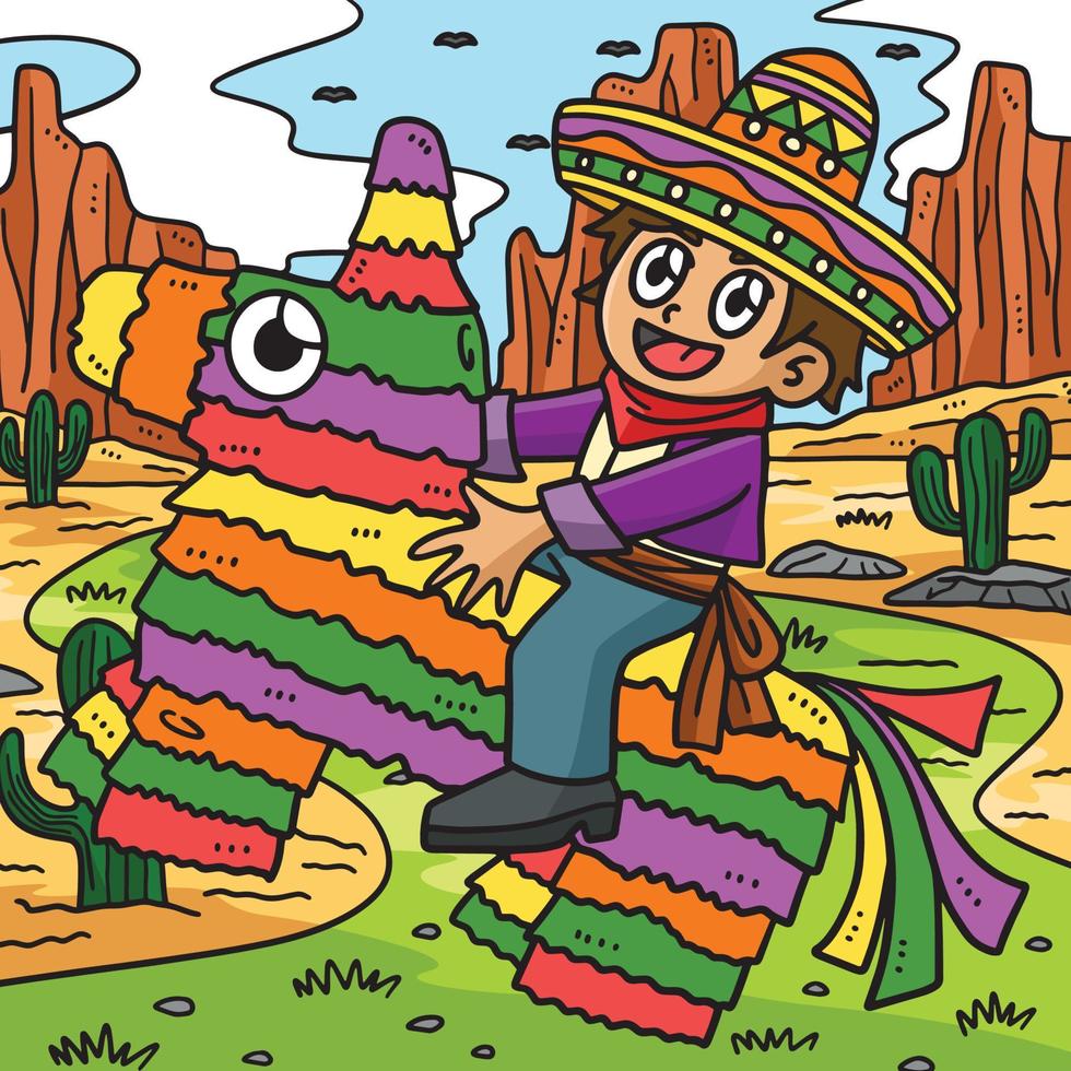 cinco de mayo kind rijden pinata gekleurde tekenfilm vector