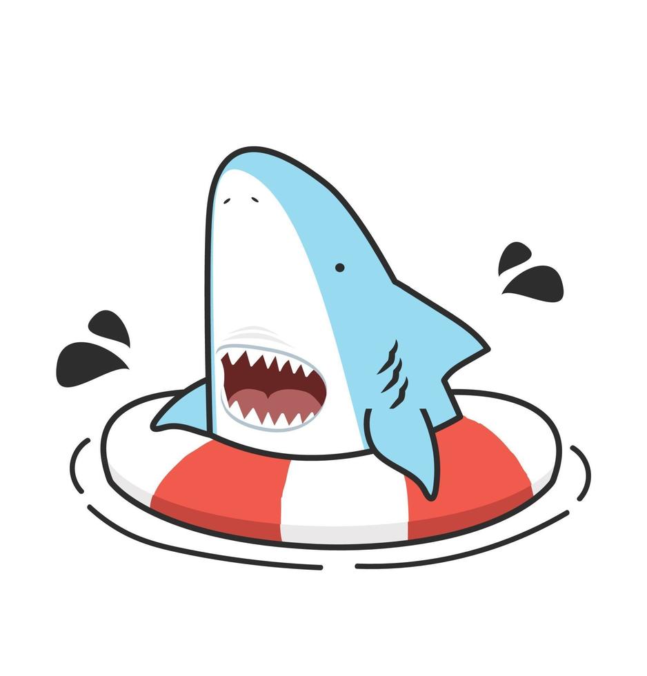 schattige haai met open mond zwemmen in opblaasbare ring vector